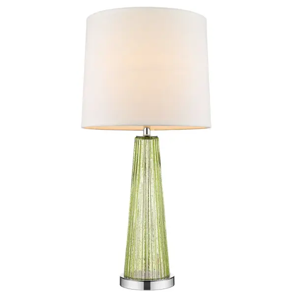 The Chiara table lamp combines polished chrome with steel and glass construction, topped with an off-white shantung shade. At 29 inches tall, it provides substantial presence with a 3-way rotary switch for adjustable lighting. - alternate view