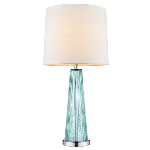 The Chiara table lamp combines polished chrome with steel and glass construction, topped with an off-white shantung shade. At 29 inches tall, it provides substantial presence with a 3-way rotary switch for adjustable lighting. - alternate view