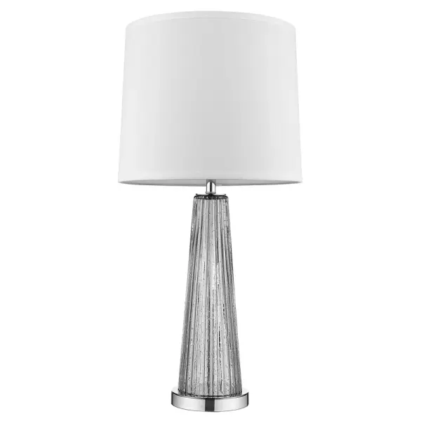 The Chiara table lamp combines polished chrome with steel and glass construction, topped with an off-white shantung shade. At 29 inches tall, it provides substantial presence with a 3-way rotary switch for adjustable lighting.