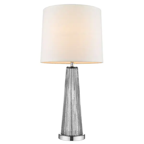 The Chiara table lamp combines polished chrome with steel and glass construction, topped with an off-white shantung shade. At 29 inches tall, it provides substantial presence with a 3-way rotary switch for adjustable lighting. - alternate view