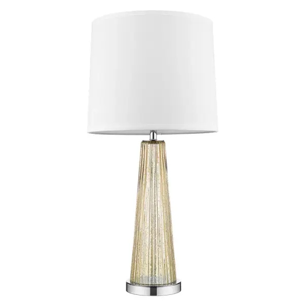 The Chiara table lamp combines polished chrome with steel and glass construction, topped with an off-white shantung shade. At 29" tall, it provides substantial presence with a 3-way rotary switch for adjustable lighting.