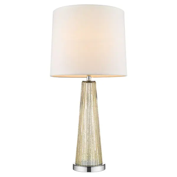 The Chiara table lamp combines polished chrome with steel and glass construction, topped with an off-white shantung shade. At 29" tall, it provides substantial presence with a 3-way rotary switch for adjustable lighting. - alternate view