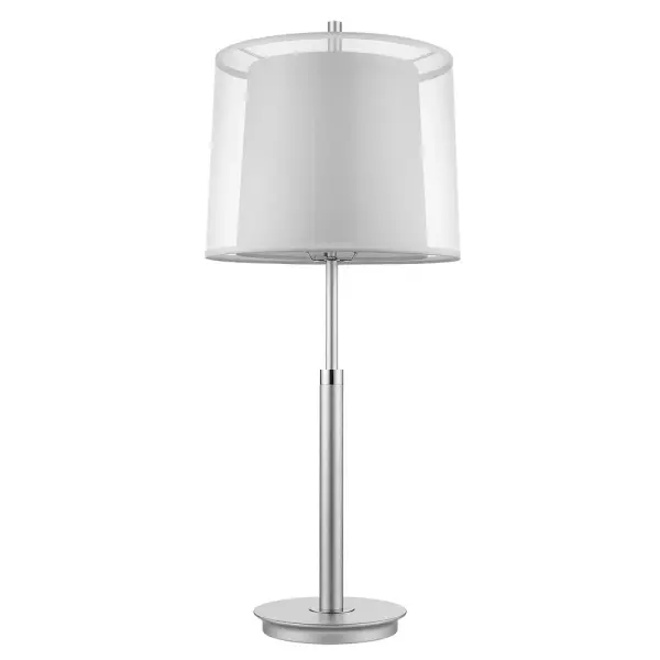 The Nimbus table lamp combines metallic silver and polished chrome finishes with a sheer snow shantung double shade for refined illumination. At 30.5" tall, it makes a statement while providing versatile 3-way lighting control.