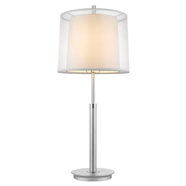 The Nimbus table lamp combines metallic silver and polished chrome finishes with a sheer snow shantung double shade for refined illumination. At 30.5" tall, it makes a statement while providing versatile 3-way lighting control. - alternate view
