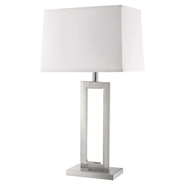 The Riley table lamp combines brushed nickel metalwork with a sophisticated off-white shantung fabric shade, offering versatile lighting for bedrooms and living spaces with its 3-way rotary switch.