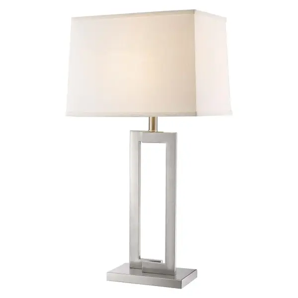 The Riley table lamp combines brushed nickel metalwork with a sophisticated off-white shantung fabric shade, offering versatile lighting for bedrooms and living spaces with its 3-way rotary switch. - alternate view