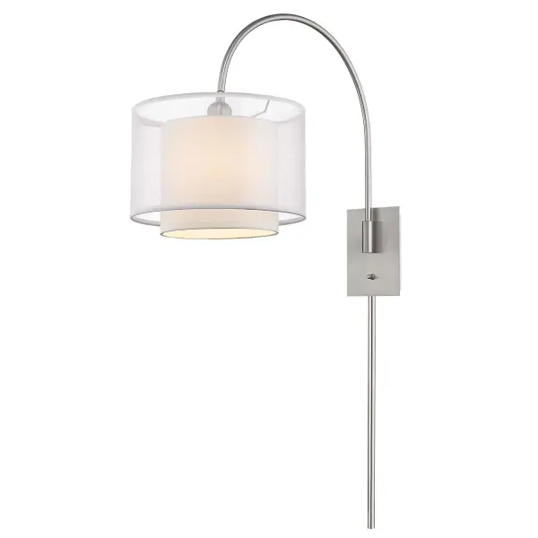 The Brella swivel wall sconce combines functionality with style, featuring a brushed nickel finish and two-tier shantung shade. Its 24-inch extension and swivel capability make it perfect for reading nooks and bedside lighting. - alternate view