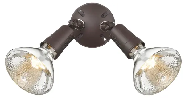 This durable cast aluminum floodlight delivers powerful illumination with two 150W PAR38 bulbs. The architectural bronze finish resists weather while the compact 5-inch profile fits tight spaces. - alternate view