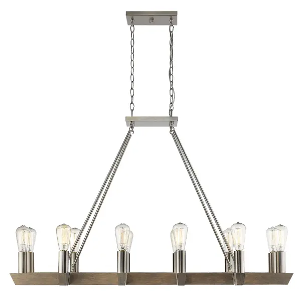 The Finnick 12-Light Chandelier makes a bold statement with its impressive 48-inch linear design and satin nickel finish. With 12 medium-base sockets providing ample illumination, this fixture is ideal for large dining tables and kitchen islands. - alternate view