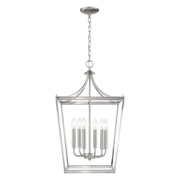 The Kennedy chandelier combines classic candelabra styling with a refined satin nickel finish. At 28 inches tall and 16 inches wide, it's perfectly sized for intimate dining spaces, bedrooms, or entryways seeking understated elegance. - alternate view
