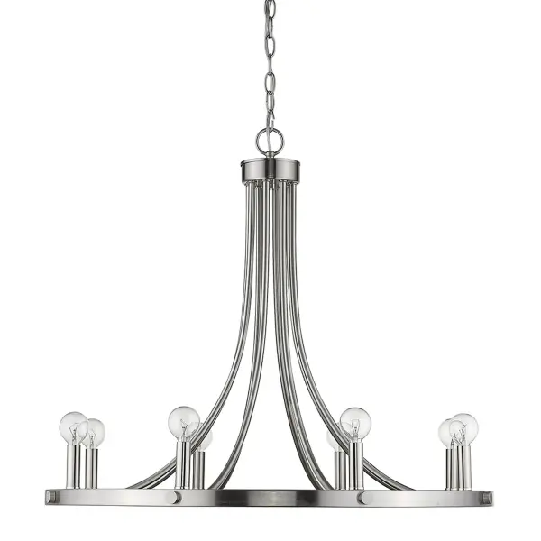 The Sawyer chandelier combines transitional elegance with practical illumination. Its 30-inch width and 8-light configuration make it perfect for dining rooms and entryways, while the satin nickel finish adds refined sophistication.