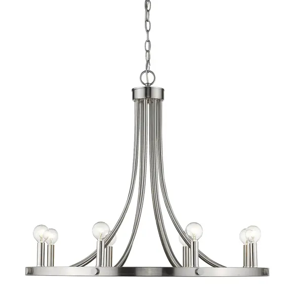 The Sawyer chandelier combines transitional elegance with practical illumination. Its 30-inch width and 8-light configuration make it perfect for dining rooms and entryways, while the satin nickel finish adds refined sophistication. - alternate view