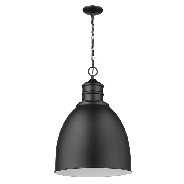The Colby pendant brings industrial charm with its 17.5-inch steel shade in matte black. Perfect for kitchen islands or dining areas, it offers adjustable height with 5 feet of chain and accommodates up to 100W for ample illumination.