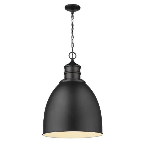 The Colby pendant brings industrial charm with its 17.5-inch steel shade in matte black. Perfect for kitchen islands or dining areas, it offers adjustable height with 5 feet of chain and accommodates up to 100W for ample illumination. - alternate view