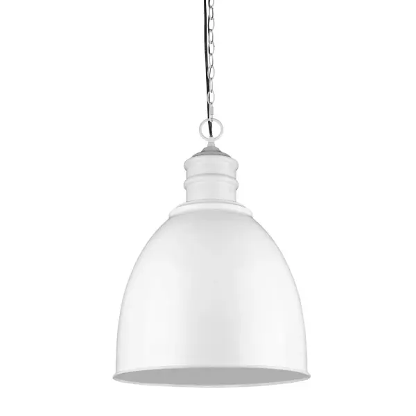 The Colby pendant offers a fresh, modern aesthetic with its crisp white steel construction. At 17.5 inches wide, it provides substantial presence without overwhelming spaces, making it ideal for kitchen islands and dining areas.