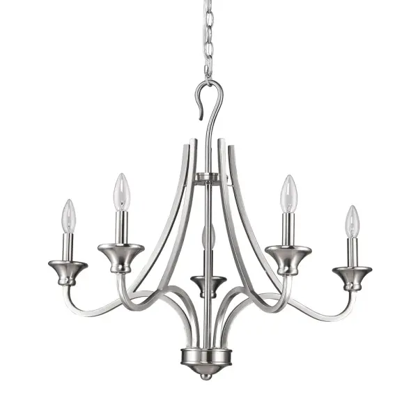 The Michelle chandelier brings timeless elegance with its 5-light candelabra design and neutral satin nickel finish. At 28 inches wide, it's perfectly sized for medium dining rooms and entryways, offering traditional style that complements various décor.
