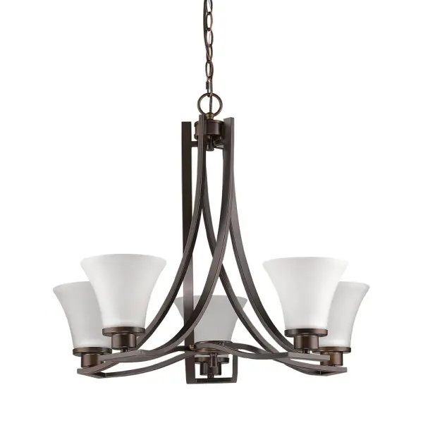 The Mia 5-Light Mini Chandelier combines transitional styling with a timeless oil rubbed bronze finish. At 26 inches wide, it's perfectly sized for medium dining rooms and foyers, offering ample illumination with five 100W bulbs.
