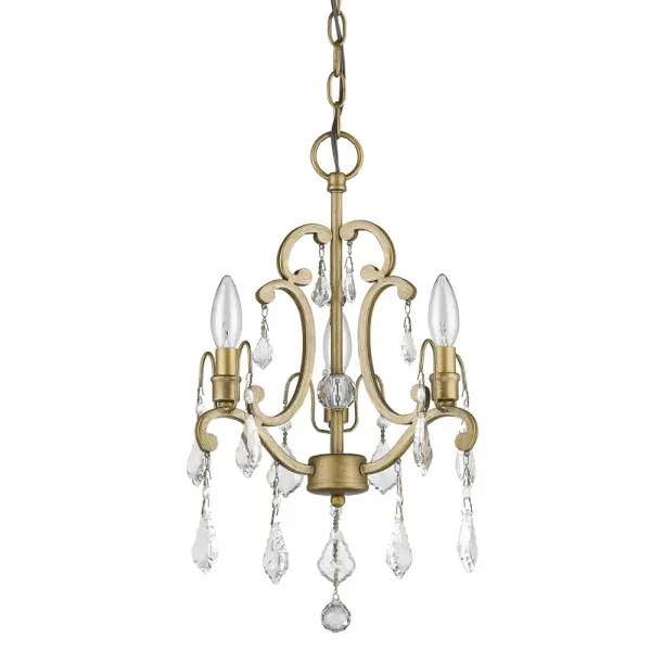 The Claire 3-Light fixture combines antique gold finish with crystal details for a sophisticated look. Its convertible design allows for semi-flush or pendant installation, offering flexibility for various ceiling heights.