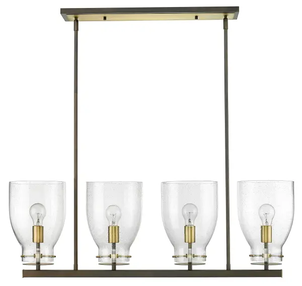 The Shelby 4-Light Pendant combines oil-rubbed bronze and antique brass finishes with clear seeded glass for authentic industrial charm. Its 40-inch linear design makes it perfect for kitchen islands and dining tables.