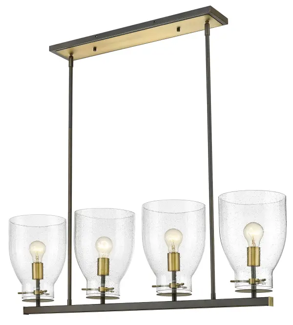 The Shelby 4-Light Pendant combines oil-rubbed bronze and antique brass finishes with clear seeded glass for authentic industrial charm. Its 40-inch linear design makes it perfect for kitchen islands and dining tables. - alternate view