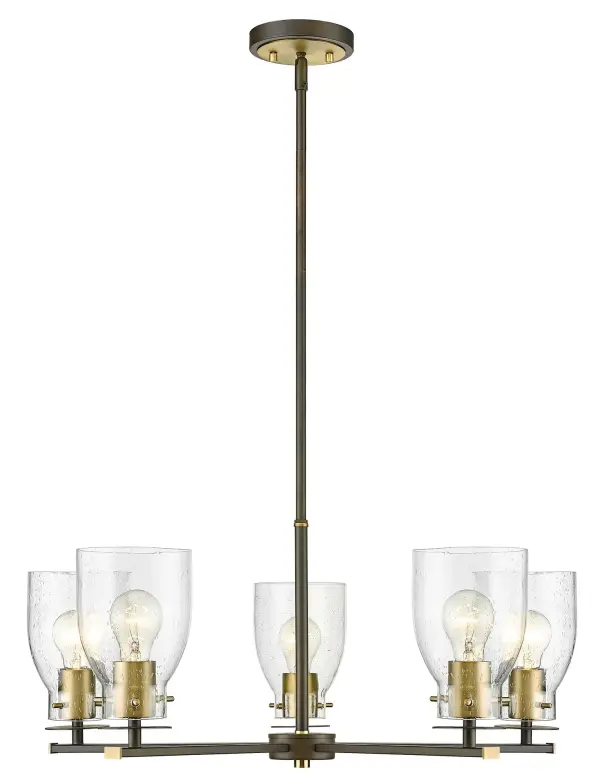 The Shelby 5-Light Pendant combines oil-rubbed bronze and antique brass finishes with clear seeded glass for authentic industrial style. At 28 inches wide, it's perfectly sized for dining rooms and kitchen islands, offering adjustable height and substantial illumination.