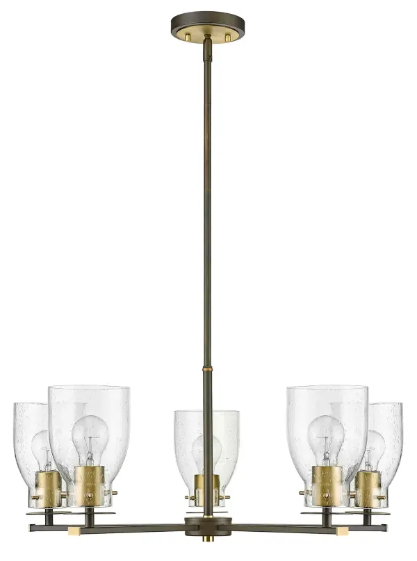 The Shelby 5-Light Pendant combines oil-rubbed bronze and antique brass finishes with clear seeded glass for authentic industrial style. At 28 inches wide, it's perfectly sized for dining rooms and kitchen islands, offering adjustable height and substantial illumination. - alternate view