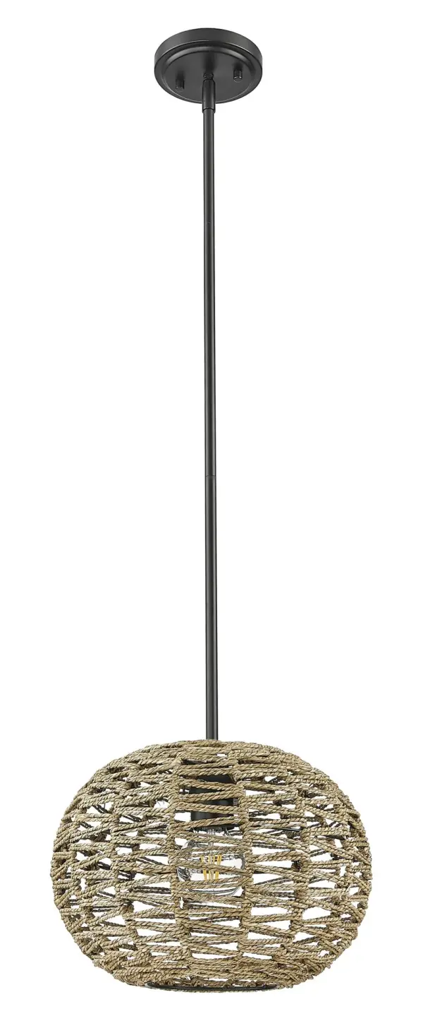 The Berkshire pendant combines farmhouse warmth with industrial edge through its distinctive hemp rope shade and matte black finish. At 15 inches wide, it's perfectly sized for kitchen islands or intimate dining spaces. - alternate view