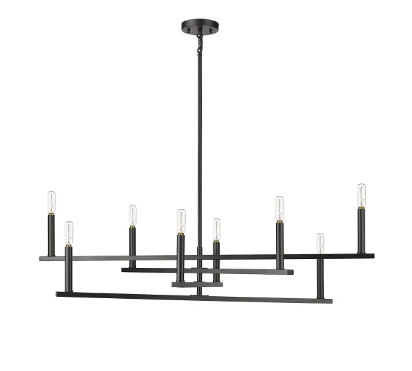 The Hale 8-Light Chandelier delivers dramatic impact with its expansive 42-inch width and matte black finish. Eight candelabra bulbs provide ample illumination while the steel construction ensures durability and modern sophistication. - alternate view