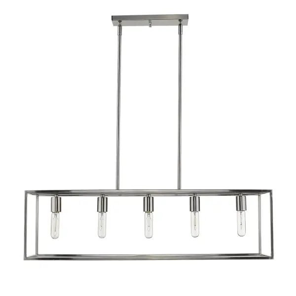 The Cobar 5-Light Island Pendant combines industrial style with modern versatility. Its 36-inch linear design and satin nickel finish make it ideal for kitchen islands and dining areas, offering ample illumination with five 100W bulbs.