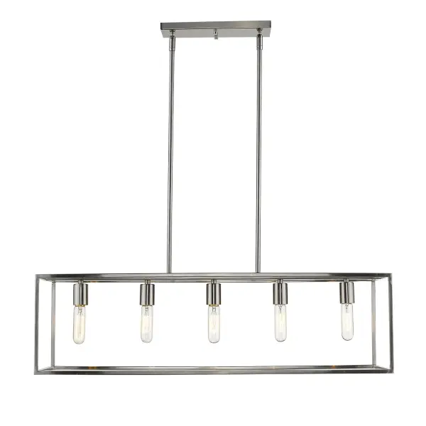 The Cobar 5-Light Island Pendant combines industrial style with modern versatility. Its 36-inch linear design and satin nickel finish make it ideal for kitchen islands and dining areas, offering ample illumination with five 100W bulbs. - alternate view