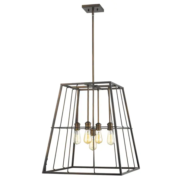 The Charley 5-Light Pendant combines industrial style with transitional appeal in a rich oil-rubbed bronze finish. At 22" wide, it's perfectly sized for medium dining spaces and kitchen islands, offering flexible installation with multiple stem options. - alternate view