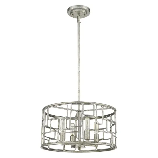 The Amoret 4-Light Convertible Pendant combines traditional candelabra styling with transitional appeal. Its antique silver finish and steel construction offer durability and timeless elegance for various interior settings.