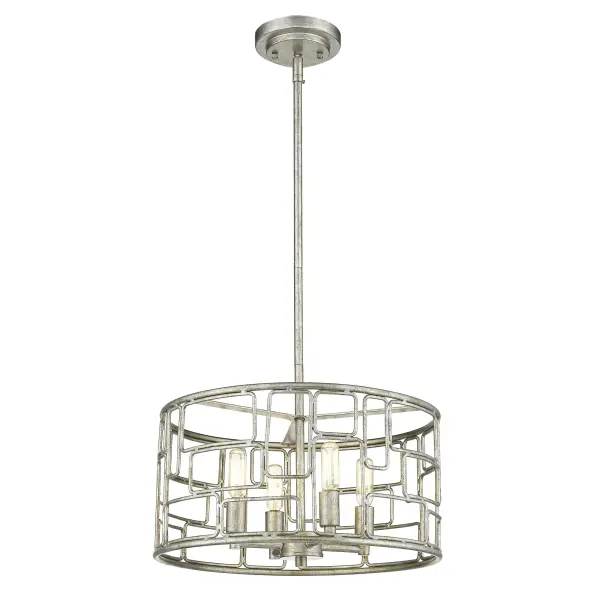 The Amoret 4-Light Convertible Pendant combines traditional candelabra styling with transitional appeal. Its antique silver finish and steel construction offer durability and timeless elegance for various interior settings. - alternate view