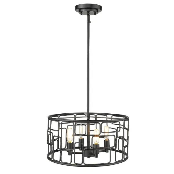 The Amoret 4-Light Convertible Pendant combines sleek matte black steel construction with flexible installation options. Its compact 16-inch width and adjustable hanging system make it adaptable to various ceiling heights and room sizes. - alternate view