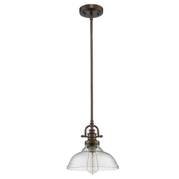 The Virginia Mini Pendant combines traditional styling with practical versatility. Its compact 9.75" width and clear glass shade make it ideal for kitchen islands, breakfast nooks, or hallways. The oil rubbed bronze finish adds warmth.