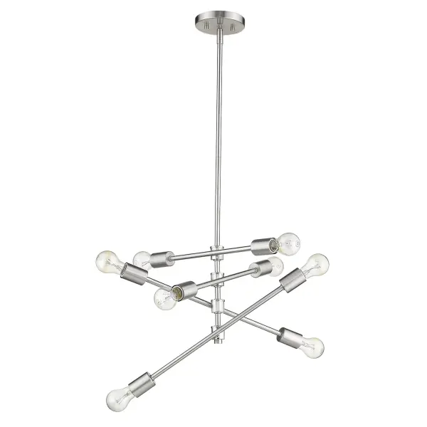 The Calix 8-Light Pendant combines contemporary design with practical versatility. Its satin nickel finish and steel construction offer durability and style, while adjustable hanging options accommodate various ceiling heights.