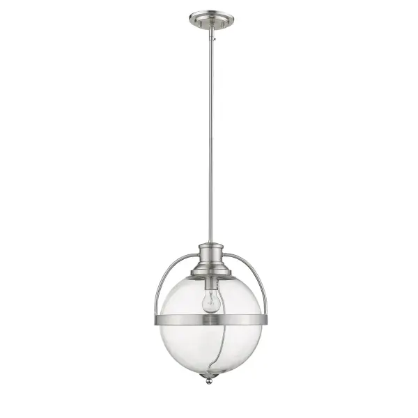 The Kassian pendant features a timeless clear glass globe design with a refined satin nickel finish. Its compact 12.75" width makes it ideal for smaller spaces, while adjustable hanging options provide installation flexibility.