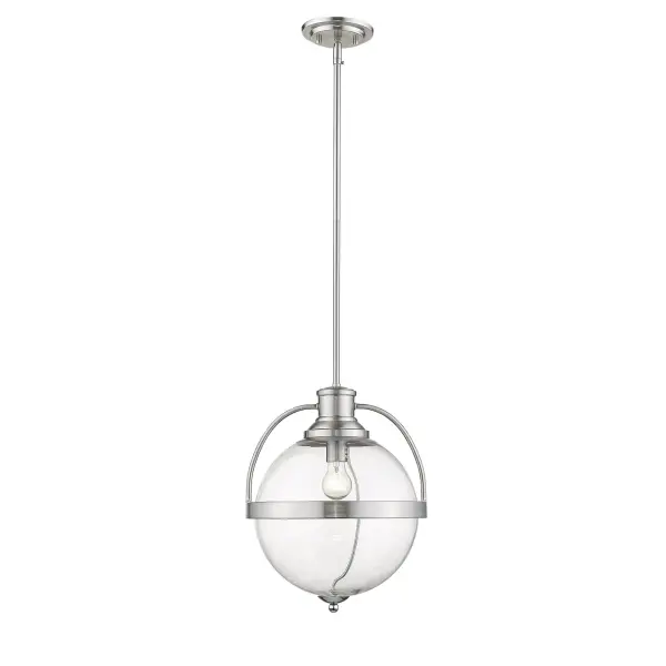 The Kassian pendant features a timeless clear glass globe design with a refined satin nickel finish. Its compact 12.75" width makes it ideal for smaller spaces, while adjustable hanging options provide installation flexibility. - alternate view