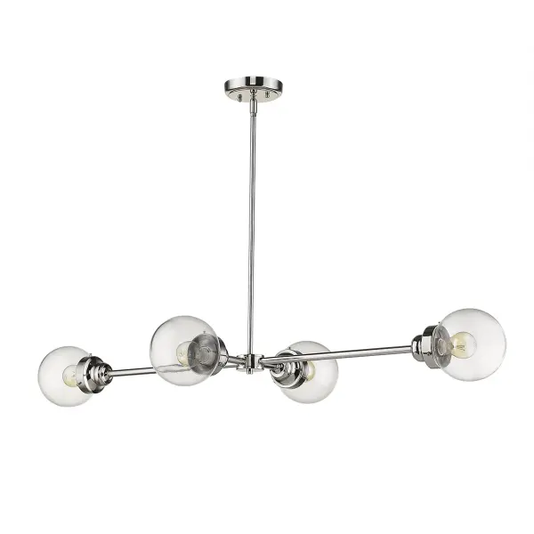 The Portsmith 4-Light Island Pendant combines classic globe shades with a sleek linear design in polished nickel. Its 48-inch length makes it ideal for kitchen islands and dining tables, while clear glass globes provide bright, even illumination.
