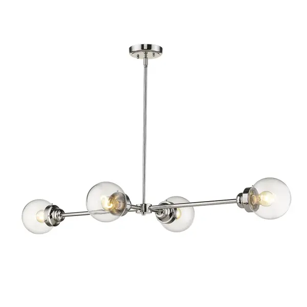 The Portsmith 4-Light Island Pendant combines classic globe shades with a sleek linear design in polished nickel. Its 48-inch length makes it ideal for kitchen islands and dining tables, while clear glass globes provide bright, even illumination. - alternate view