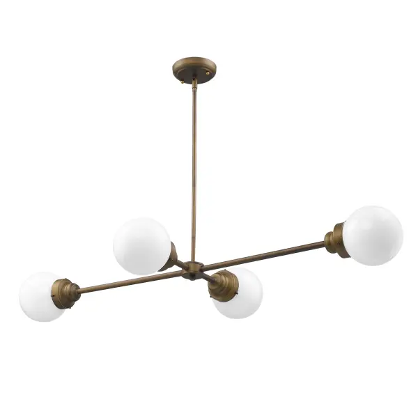 The Portsmith 4-Light Island Pendant combines raw brass and rubbed bronze finishes with opal glass shades for a sophisticated industrial look. Its 48-inch linear design makes it ideal for kitchen islands and dining tables.
