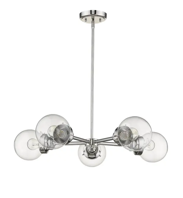 The Portsmith 5-Light Chandelier combines contemporary linear design with timeless clear glass globes. Its polished nickel finish and steel construction offer durability and style, while adjustable hanging options ensure perfect placement.