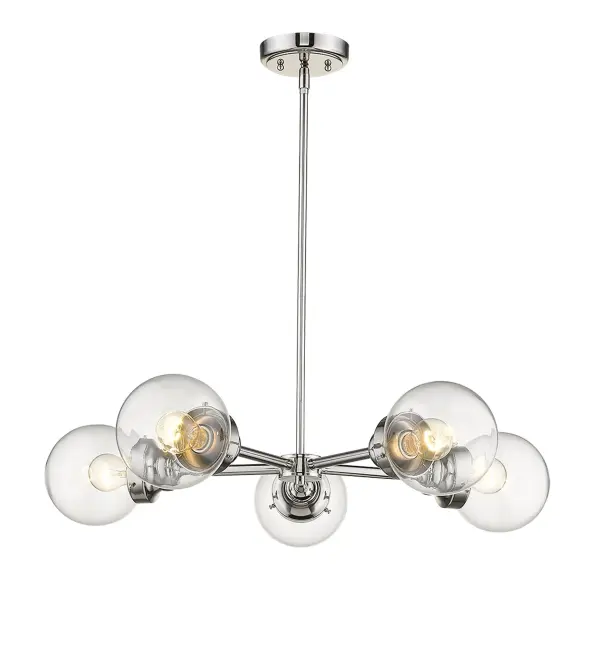 The Portsmith 5-Light Chandelier combines contemporary linear design with timeless clear glass globes. Its polished nickel finish and steel construction offer durability and style, while adjustable hanging options ensure perfect placement. - alternate view