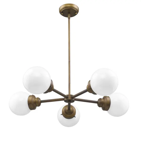 The Portsmith 5-Light Chandelier combines industrial design with transitional warmth through its raw brass finish and opal glass shades. At 30 inches wide, it's perfectly sized for medium dining tables and kitchen islands.