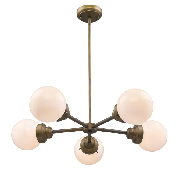 The Portsmith 5-Light Chandelier combines industrial design with transitional warmth through its raw brass finish and opal glass shades. At 30 inches wide, it's perfectly sized for medium dining tables and kitchen islands. - alternate view