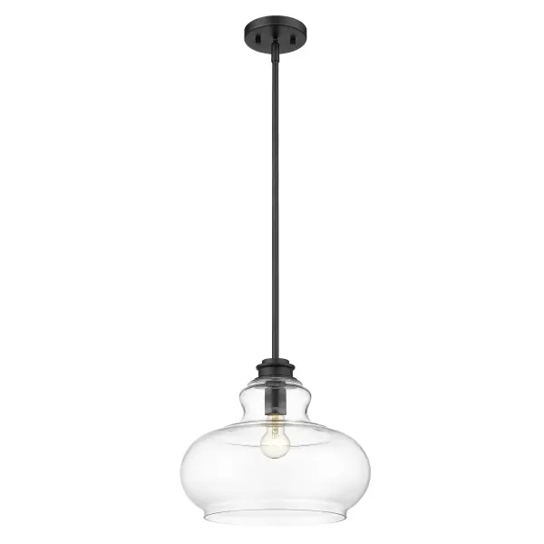 The Torrel pendant combines industrial charm with modern simplicity. Its matte black finish and clear glass shade create a striking focal point, while adjustable stems and wire allow perfect height customization for any space. - alternate view