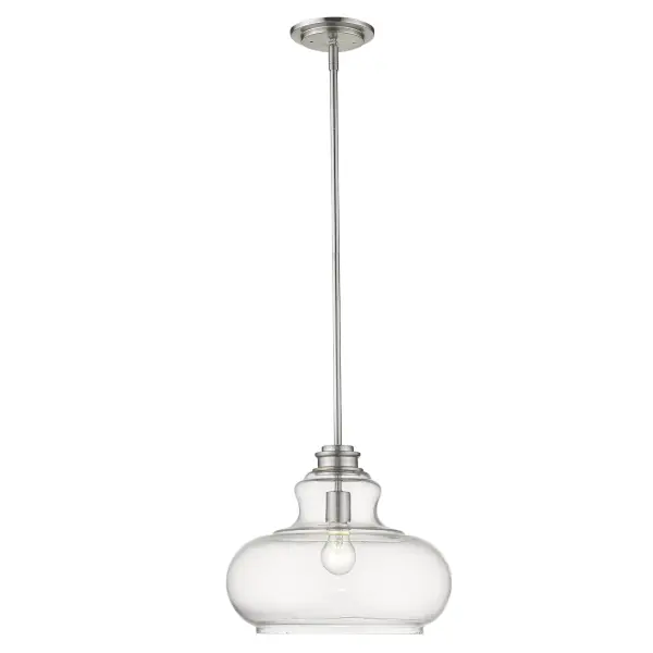 The Torrel pendant combines timeless design with modern versatility. Its clear urn-shaped glass globe and satin nickel finish create a sophisticated look that works beautifully in kitchens, dining areas, and entryways. - alternate view