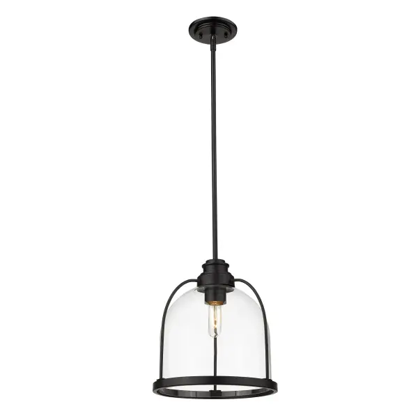 The Stanton pendant delivers industrial charm in a compact 12.75" profile. Its matte black steel frame and clear glass shade create a modern aesthetic perfect for task lighting or grouped installations.