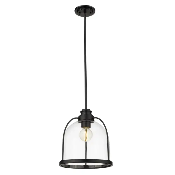 The Stanton pendant delivers industrial charm in a compact 12.75" profile. Its matte black steel frame and clear glass shade create a modern aesthetic perfect for task lighting or grouped installations. - alternate view