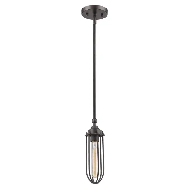 The Garret 1-Light Pendant delivers industrial charm in a compact 5.25" profile. Its oil-rubbed bronze finish and steel construction offer durability and timeless appeal, perfect for task lighting or clustered arrangements.